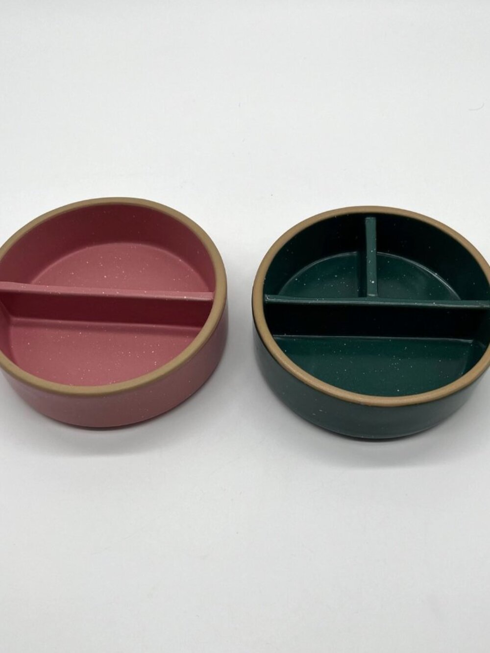Anthropologie Divided Stoneware Snack Bowls Pink Green Speckled Set of 2